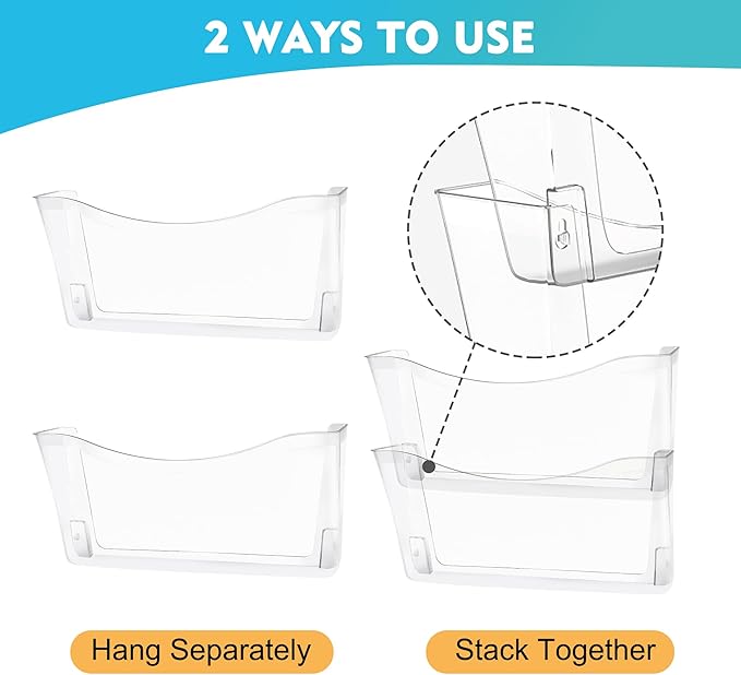 EASEPRES 3 Pack Clear Single Pocket Hanging File Organizer, Plastic Wall Mount Paper Mails Magazines Holder, Mounted Folder Bins for Office School and Home, 13.85x3.14x6.88 inches