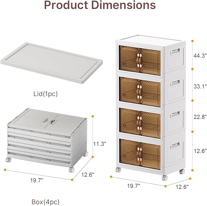 UAMFURI Stackable Storage Bins with Lids, 192QT Lockable Storage Cabinet | Folding Storage Box with Doors and Wheels, Collapsible Plastic Drawers for Home, Garage, Office
