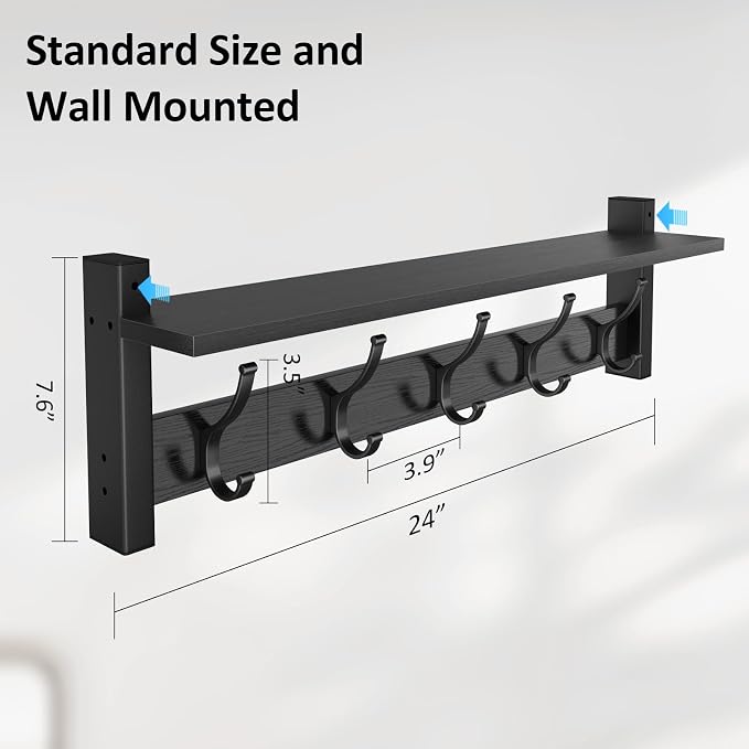 Optish Coat Rack Wall Mount with Shelf, 24 Inch Coat Hanger Walls Mounted, Hat Rack for Walls, Shelf with 5 Coat Hooks, Wall Hanger for Entryway (Black)