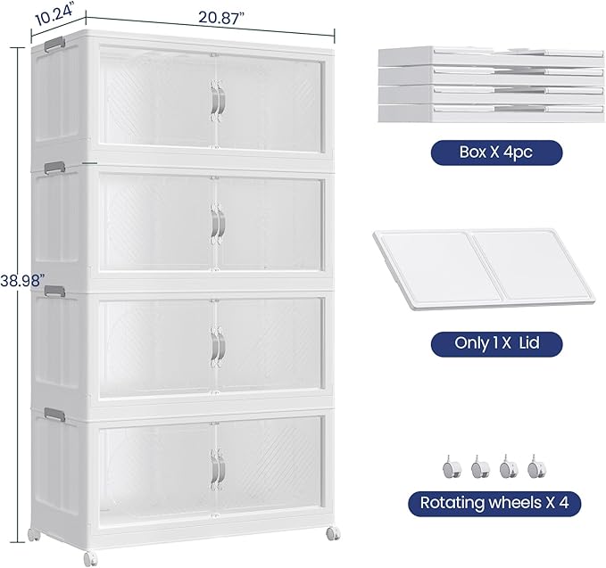 240QT Extra Large Stackable Storage Bins with Lid, 60Gal Plastic Closet Organizers and Storage Drawer, Collapsible Cabinet Box with Wheels Clear Doors for Home Kitchen Garage, 4Pack White