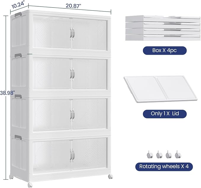 240QT Extra Large Stackable Storage Bins with Lid, 60Gal Plastic Closet Organizers and Storage Drawer, Collapsible Cabinet Box with Wheels Clear Doors for Home Kitchen Office, 4Pack White