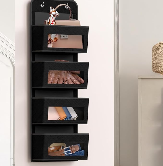 Simple Houseware 4 Clear Window Pocket Over Door Hanging Organizer, Black | Over the Door Storage for Closet, Bedroom, Bathroom, Pantry