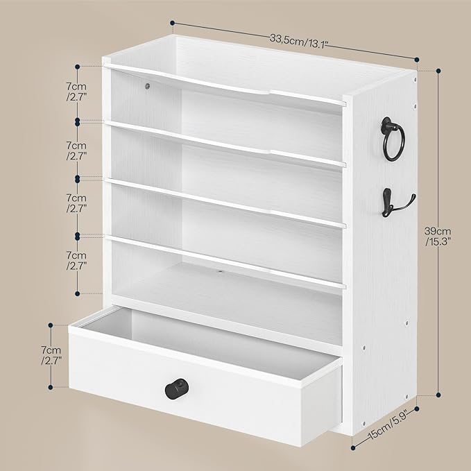 HOOBRO Wall File Organizer, Mail Organizer Wall Mounted, Wooden Literature Organizer, Construction Paper Organizer with Drawer Storage and 2 Hooks, for Office, Classroom, Home, White WT14WF01