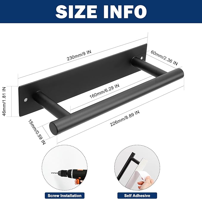 NearMoon Self Adhesive Hand Towel Holder/Towel Ring, Stainless Steel Hand Towel Bar Rustproof Stick on Wall-Towel Rack for Bathroom/Kitchen, Sticky and Wall Mounted (1, Matte Black)