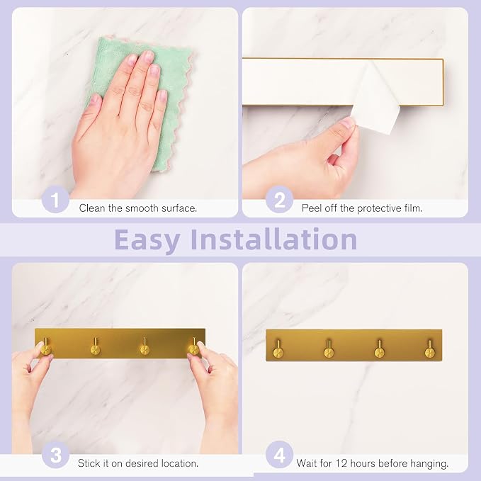 VIS'V Key Holder Wall Mount, Large Adhesive Key Hanger with 4 Hooks, Gold | Metal Material, No Drilling, Extra Adhesive Strip, Suitable for Entryway, Hallway, Doorway, Kitchen, Garage, Camper