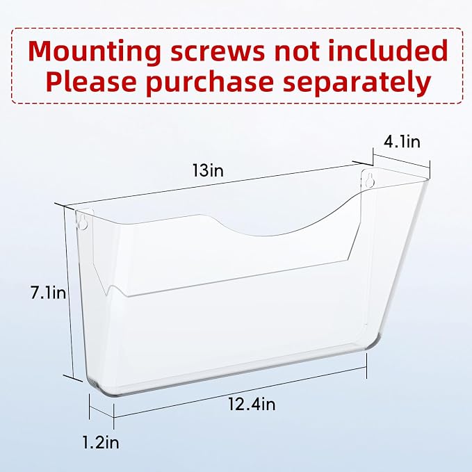 Clear Acrylic Wall File Holder, 3 Pack Wall Mount Single Pocket Organizer | One-piece design, no assembly needed, screws not included, ideal for mail magazines folders office home classroom use