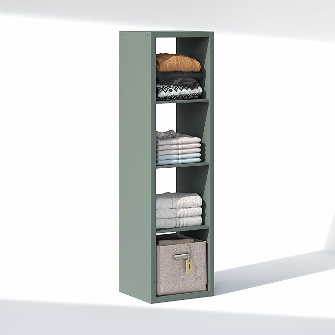 Furinno Cubic Extra Thick 4-Cube Closet Organizers and Storage, Sage Green | 14.6 x 16 x 58 in, Vertical Open Shelf Closet Storage, Closet Organizer, for Wardrobe, Bedroom, Living Room