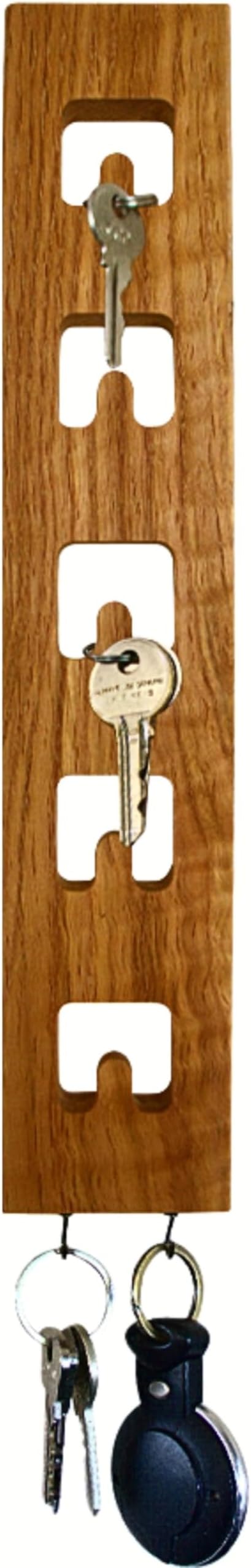 Vertical Wall Mounted Key Holder for Entryway – Narrow Wooden Key Rack with Hooks, Space Saving Organizer for Small Spaces, Solid Wood Rustic Design