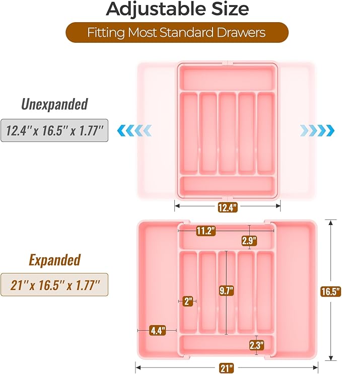 ukeetap Extra Large Expandable Silverware Organizer, BPA-Free Food-Safe Cutlery Flatware Organizer, Kitchen Utensil Drawer Organizer, Adjustable Silverware Holder for Spoons Forks Knives, Pink