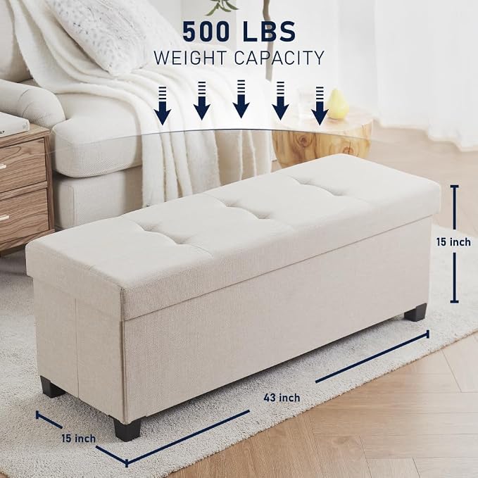 Ornavo Home 43" Large Storage Ottoman Bench with Legs, Beige | Foot Rest Stool; Ottoman with Hidden Storage; Ideal for Bedroom, Living Room, Entryway or Home Office