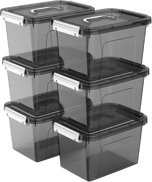 6 Quart Stackable Plastic Storage Bins with Lids, 6 Pack Clear Black Small Organizer Boxes with Latches for Bathroom, Pantry, Office Desk and Small Item Storage