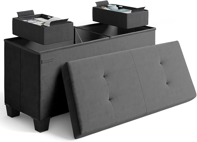 Storage Ottoman Bench with Bins, 30-in Storage Bench for Bedroom End of Bed, Folding Foot Rest Ottoman for Living Room Max 660lbs, Velvet Ottomans, Grey