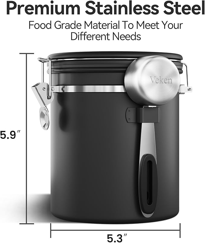 Veken Coffee Canister with Window, Airtight Stainless Steel Container, 16OZ | Kitchen Food Storage Pantry Organizers for Beans,Ground,Espresso,Rice,Tea,Sugar,Bar Accessories,Gifts,Lids,Jars, Scoop, Black