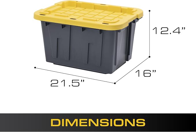 CX Heavy Duty 12-Gallon Stackable Plastic Storage Bins with Lids, 6 Pack | Storage totes for garage organization, Stackable containers, weather-resistant, snap lid, 12.5H x 16.3W x 21.8D, Black/Yellow