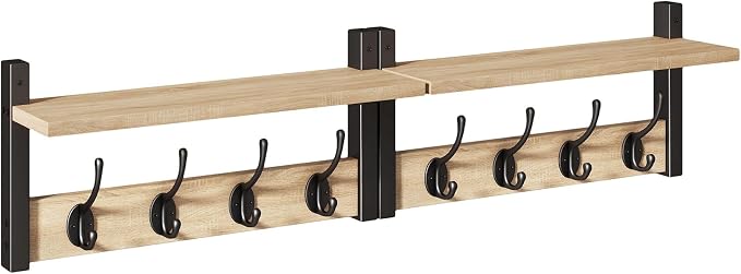 YMYNY Coat Rack Wall Mount with Shelf and Hooks, Light Natural HWS001R-2 | 2 Pack Wooden Wall Mounted Coat Hanger with Shelf and 8 Double Hooks, Wall Coat Rack for Entryway Hallway Bedroom Bathroom