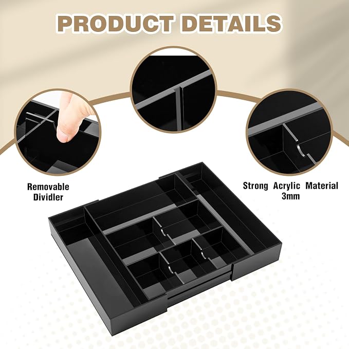 Briwooody Black Acrylic Drawer Organizer Expandable,8 Compartments,Large | 9'' up to 18'' x 12'' x 2.1'' Desk Drawer Organizer Trays Adjustable with Desk Accessories for Makeup Office Bathroom