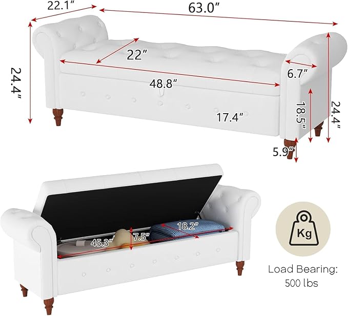 NIOIIKIT 63'' Storage Ottoman Bench, Tufted Entryway Bench White Polyester | Button Tufted End of Bed, Large Storage Space, Rolled Armed Ottoman Couch Long Bench for Bedroom, Living Room, Hallway