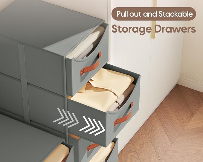 Stackable Storage Drawers - Collapsible Storage Bins with Drawers, 4 Pack Closet Shelf Organizer Basket, Fabric Pull Out Organizer for Bedroom, Living Room, Dorm, Grey