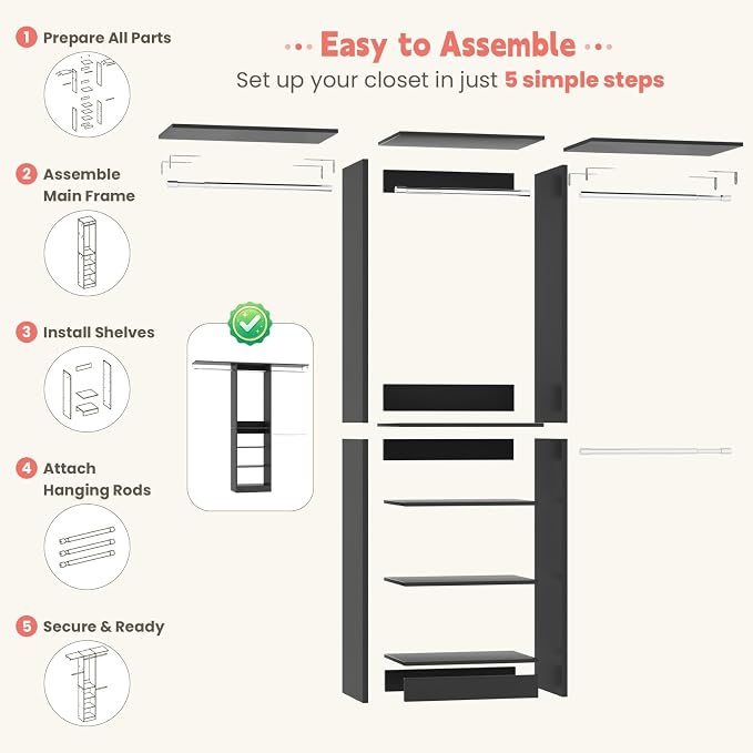 48" Small Closet System, Space-Saving Wall-Mounted Wardrobe Organizer, Mini Garment Rack for Narrow Spaces, Morning Outfit Prep Station & Nursery Dress-up Storage, Black