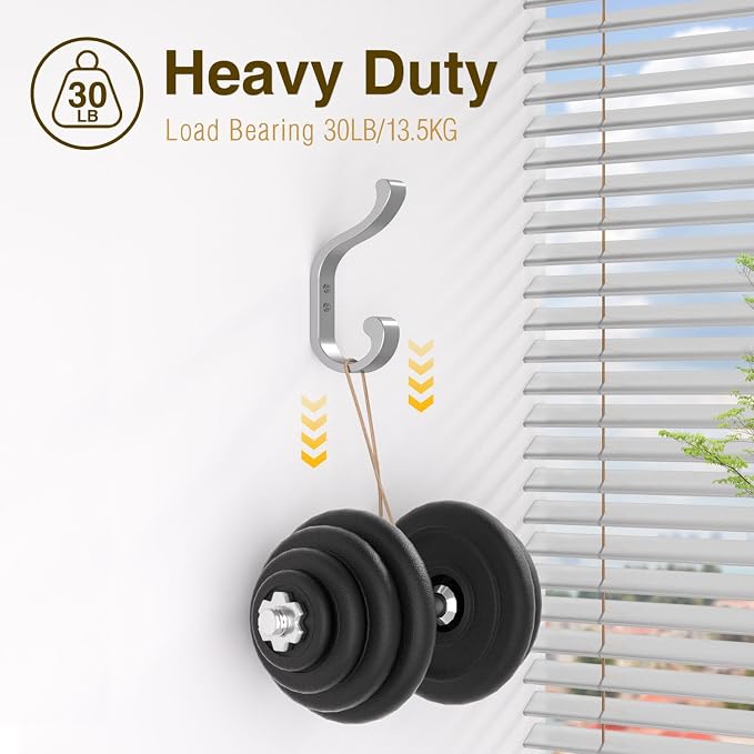 bussdis 6-Pack Heavy Duty Wall Hooks - Hold 30LB for Backpacks, Towels, Coats, Keys, Clothes - Silver Wall Mounted Hooks for Bathroom, Closet, Door, Mudroom