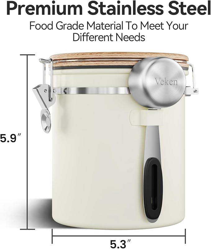 Veken Coffee Canister with Window, Airtight Stainless Steel Container, 16OZ | Date Tracker,Kitchen Food Storage Organizers for Beans, Ground, Espresso, Rice,Tea, Sugar,Cereal, Gifts,Lids,Jars,Scoop,Cream
