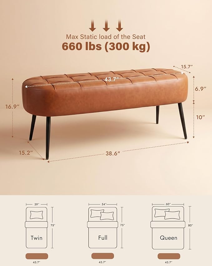 Entryway Bench, Modern PU Leather Upholstered End of Bed Bench Brown | Shoe Bench with Tufted Seat, 660 lb Capacity, Sturdy Metal Legs, Mid-Century Style, For Hallway, Living Room, Bedroom, Foyer