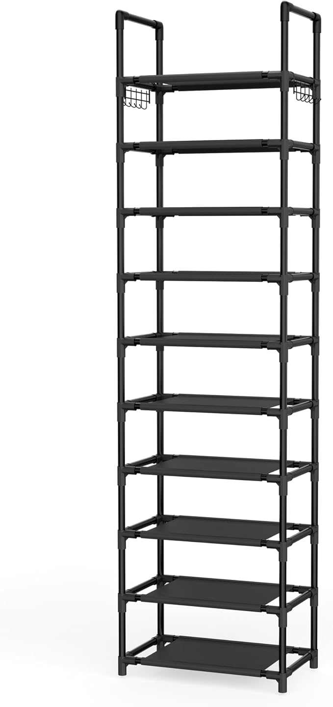 LANTEFUL 10 Tiers Shoe Rack 25 Pairs Large Capacity Tall Shoe Organizer Sturdy Shoe Storage with Two Hooks Space Saving Metal Narrow Shoe Rack for Closet, Entryway, Bedroom, Black