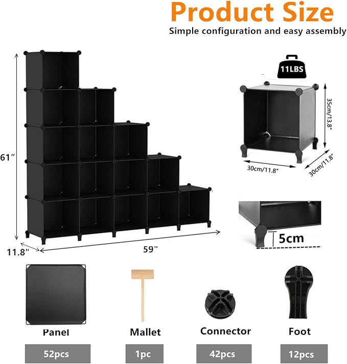 AWTATOS Cube Storage Organizer, 16 Cube Closet Organizer, Black | Stackable Storage Cube Shelves, DIY Portable Closet Clothes Organizer, Plastic Shelving for Bedroom, Wardrobe, Bathroom