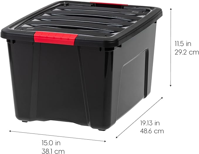 IRIS USA 4-Pack 40 Quart Storage Bins with Lids, Black | Black finish conceals stored items. Perfect for moving, blankets, clothing, and garage storage. Nestable design saves space