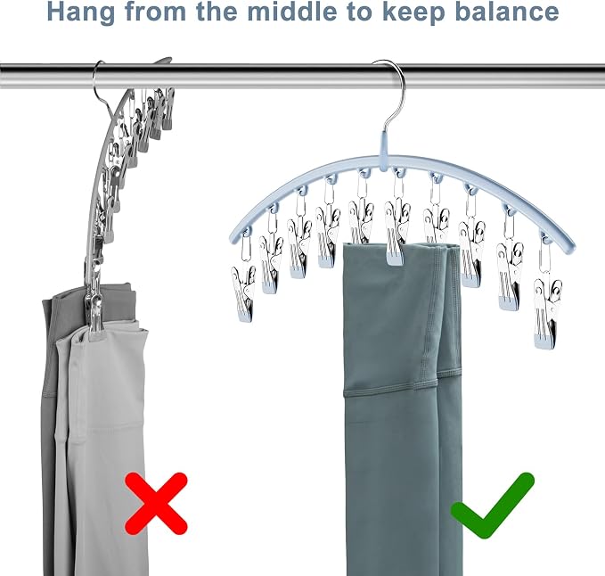 Volnamal Legging Organizer for Closet, Metal Yoga Pants Hanger w/Rubber Coated 2 Pack w/10 Clips Hold 20 Leggings, Hangers Space Saving Hanging Closet Organizer for Closet Organizers and Storage, Blue