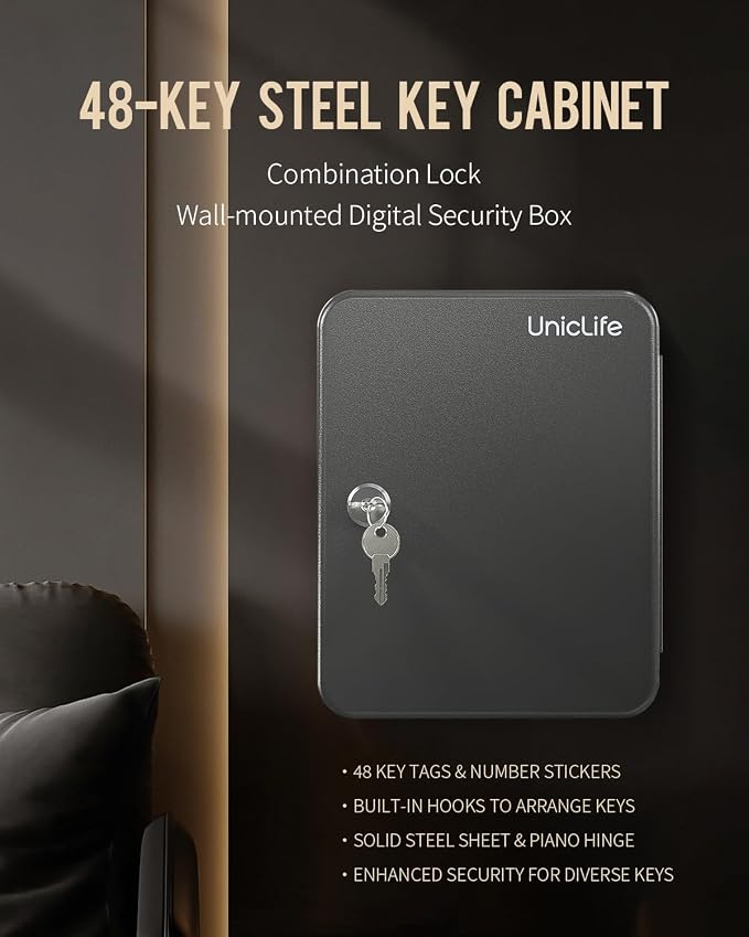 Uniclife 48-Key Steel Key Cabinet with 2 Unlocking Keys Wall Mounted Key Organizer Black Frosted Security Box with Hooks and Key Tag Labels Identifiers in 9 Assorted Colors