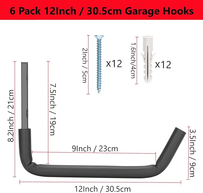 Garage Storage Heavy Duty Utility Hooks, 12 Inch Wall Mount Storage Hanger Organizer for Hanging Tool, Chairs, Hoses, Ladder, Bulk Items, Ropes, Bike