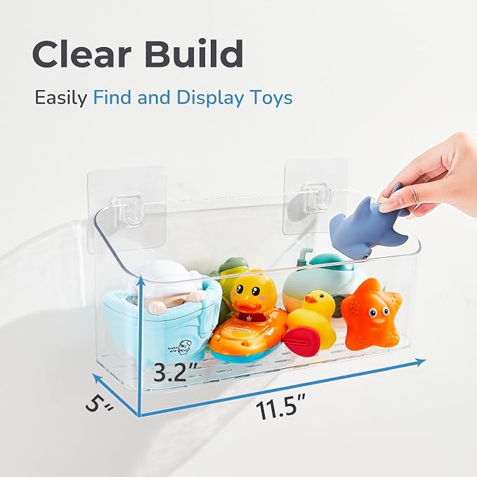 Bath Toy Storage Holder for Bathtub, Clear Bath Toy Organizer Large Capacity Bathtub Toy Storage Shower Caddy for Bathroom (2 Large) | BPA-Free Material, Quick Drainage, Adhesive Wall Mount, Clear Visibility