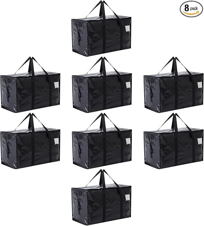 Moving Bags Heavy Duty Extra Large, Moving Boxes, Moving Supplies Essentials, Blue Storage Bins with Lids, Plastic Packing Totes, Storage Bags for Clothes with Handles & Zippers(Black, 8 Pack)