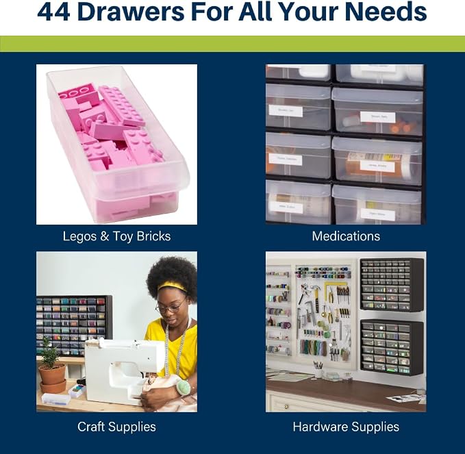 Akro-Mils 44-Drawer Plastic Drawer Storage Cabinet for Garage Organization, Bead Organizer, Building Bricks Storage, Teacher Toolbox, Makeup Organizer, 20" W x 6" D x 16" H, 10144 Black (Pack of 2)