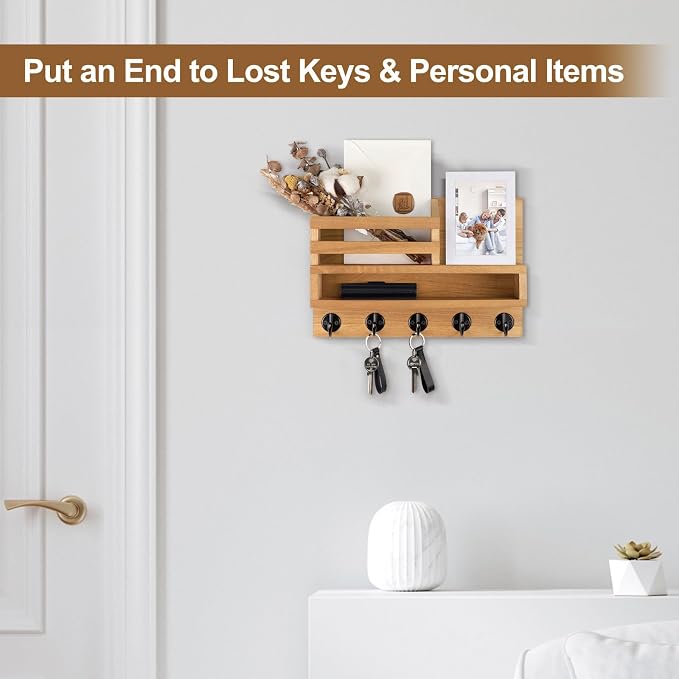 Key and Mail Holder Wall Mount, Key Hanger with Long Storage Box and Key Hooks for Coat, Dog Leash, Home Decor Rack, House Accessories, Entry Way Organizer
