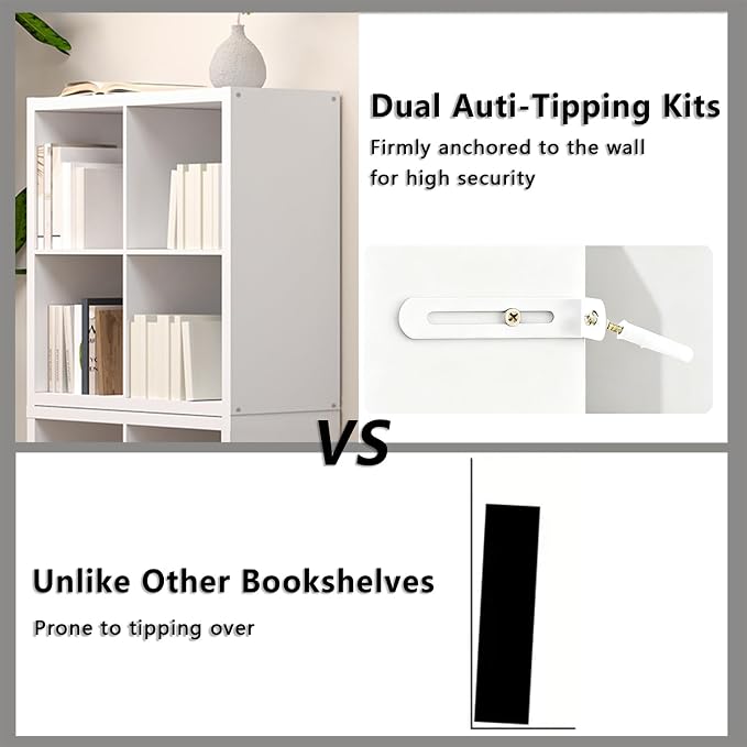 CTESNE【2026 Thick Border Wood】 Cube Storage Organizer Bookcase with Anti-Tipping Kits Open Back Shelf (White 4-cube-13in) | 2026 Thick Border Wood, Anti-Tipping Kits, Open Back Shelf