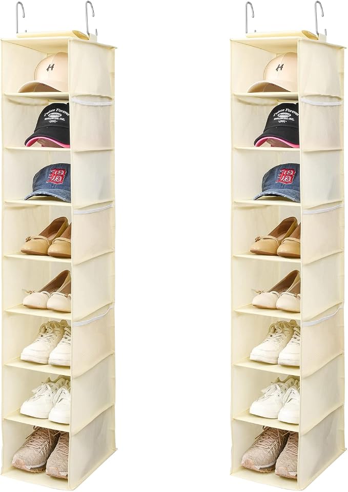 Berdeng Hanging Shoe Organizer for Closet with Side Mesh Pockets，Hat Racks for Baseball Caps，Shoe and Hat Holder & Storage，8-Shelf，Beige，2 Pack