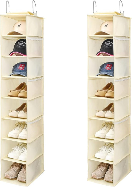 Berdeng Hanging Shoe Organizer for Closet with Side Mesh Pockets，Hat Racks for Baseball Caps，Shoe and Hat Holder & Storage，8-Shelf，Beige，2 Pack