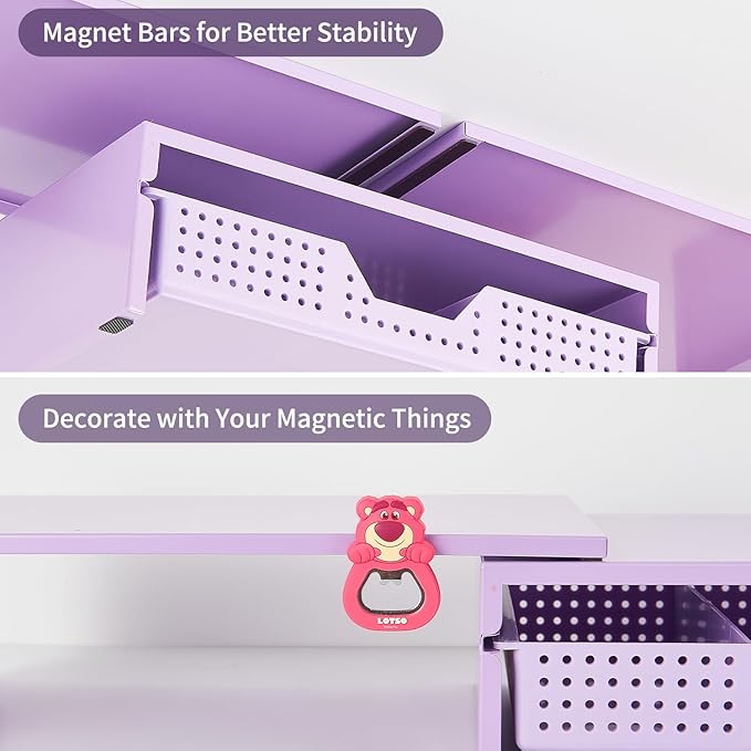 LEKETREE Dual Monitor Stand Riser with Drawer, Desk Organizer and Accessories, Metal Laptop Stand for Desk, Workspace Desktop Stand for Computer, Laptop, TV and More (Purple)