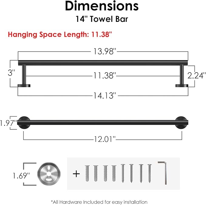 FORIOUS Towel Bar 12" Towel Racks for Bathroom Wall Mounted Matte Black | Total Length 14 Inch, Rustproof, Stainless Steel Towel Holder, Wall Mounted for Bathroom Bedroom, Heavy Duty, Space Saving