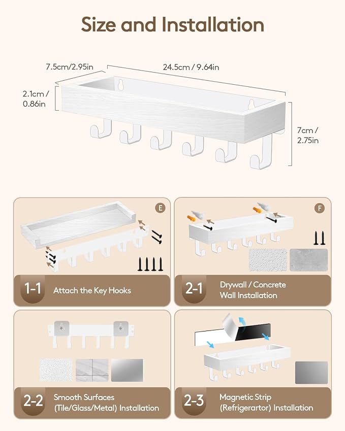 Key Holder Wall Mount Magnetic Adhesive, Key Hooks Rack with Shelf | Key Hanger with Mail Organizer for RV Camper Fridge Living Room Decor, Home Essentials, White