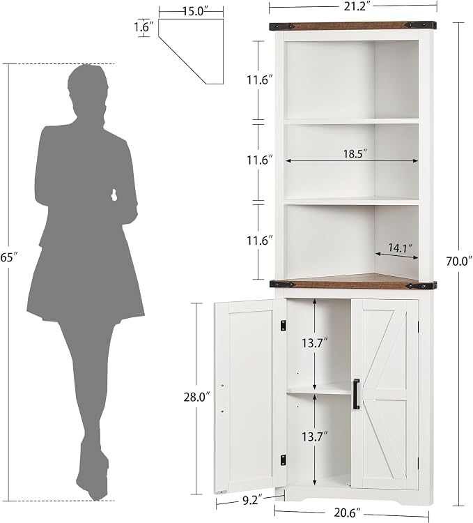Farmhouse Corner Cabinet, 70" H Tall Corner Hutch with 5 Shelves & 2 Barn Doors, Bathroom Cabinet with Adjustable Shelf, for Living Room, Kitchen, Bathroom, White