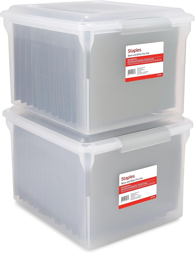 STAPLES Store & Slide Plastic File Box Latching, Letter/Legal Size, Clear, 2/Pack