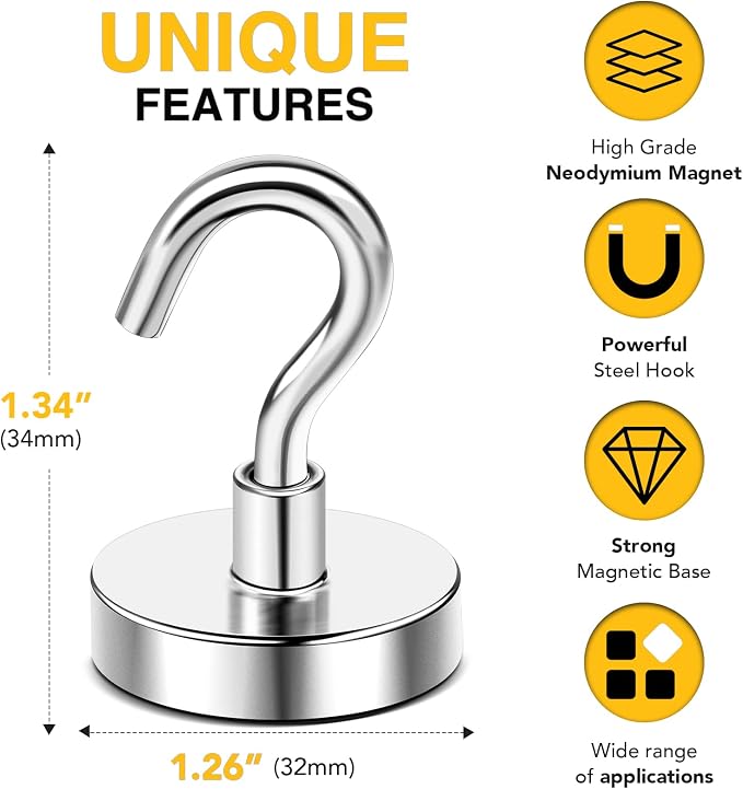 DIYMAG Magnetic Hooks 12pcs 120lbs Cruise Essentials 2026 Magnet Hook | Neodymium Heavy Duty Strong Magnets Hanging Ship Cabins Refrigerator Fridge Classroom Beach Vacation Kitchen Grills Home Tool