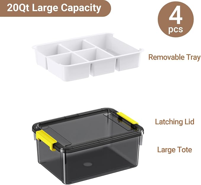 80Qt Stackable Storage Bins with Lids Trays Craft Box Organizers, 4Pack,GY | Clear Plastic Latching Boxes Organizers with Dividers Portable Containers for Arts & Crafts, Home Office Classroom Car Trunk