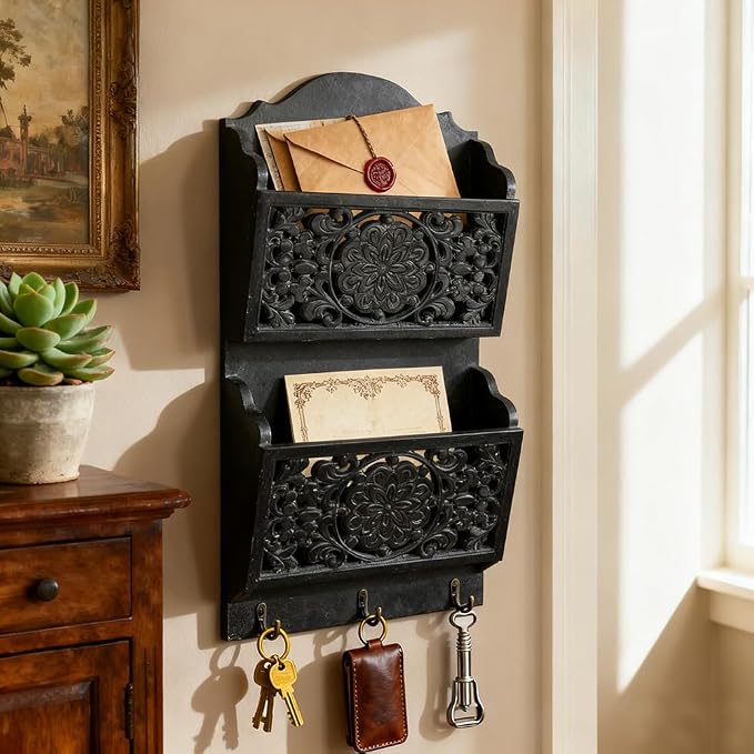 Rustic Key and Mail Holder for Wall Home Decorative,2-Slot Mail Organizer Wall Mount with 3 Hooks, Wooden Key Hangers Wall File Organizer Letter Sorter for Letter Magazines（Black）