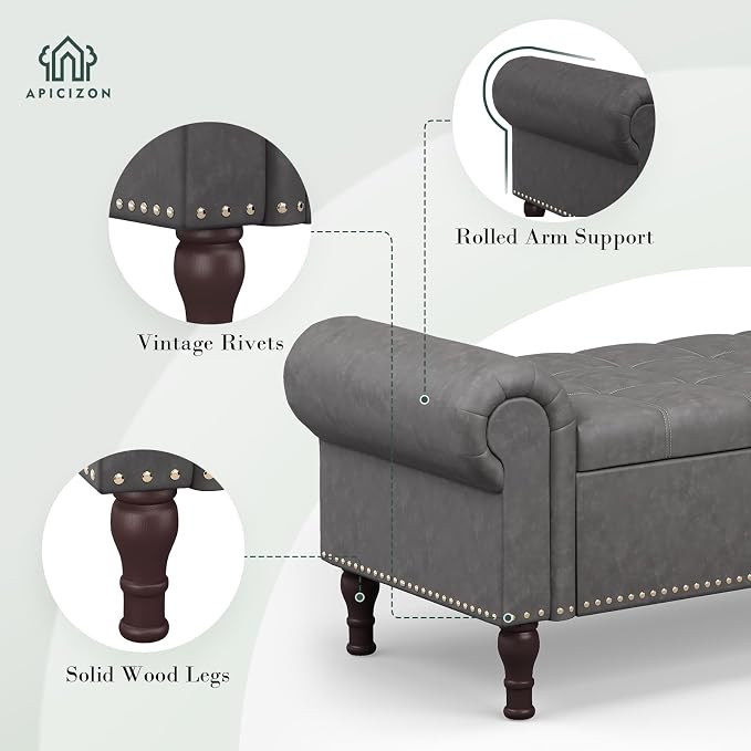 Apicizon 60” Bench with Storage, Upholstered Tufted Button Bedroom Bench with Storage, Faux Leather End of Bed Bench with Rolled Arms, Storage Ottoman Bench for Bedroom, Living Room, Entryway, Gray
