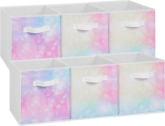 Stero Fabric Storage Cubes, 6 Pack Foldable Storage Bins with Handle, 11 Inch Box for Shelves, Closet, Organizer, Tie-dye Pink