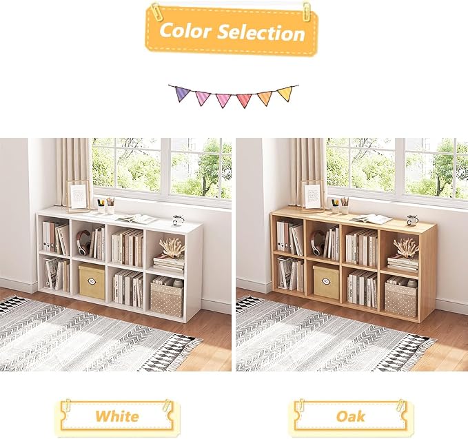 NELYE 8 Cube Organizer Bookcase Oak Open Shelf | Suitable for 11-inch Fabric Storage Bins, Simple Compartments Bookshelf, Holds 20 Lbs per Cube